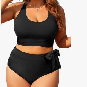 Plus Size Two Piece Swimsuits - Women High Waisted Bikini Scoop Neck Bathing